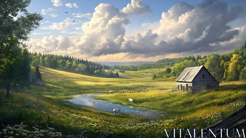 Sunlit rural meadow with pond, wooden cabin and volumetric clouds