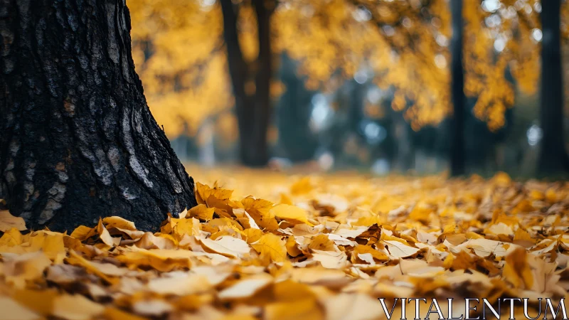 Golden autumn leaves gathered softly at a quiet tree base.