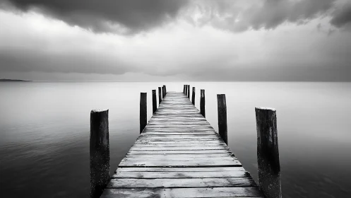 Monochrome wooden pier receding into calm horizon under storm clouds