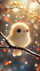 Luminescent Chick on Branch with Autumn Foliage and Bokeh Particles