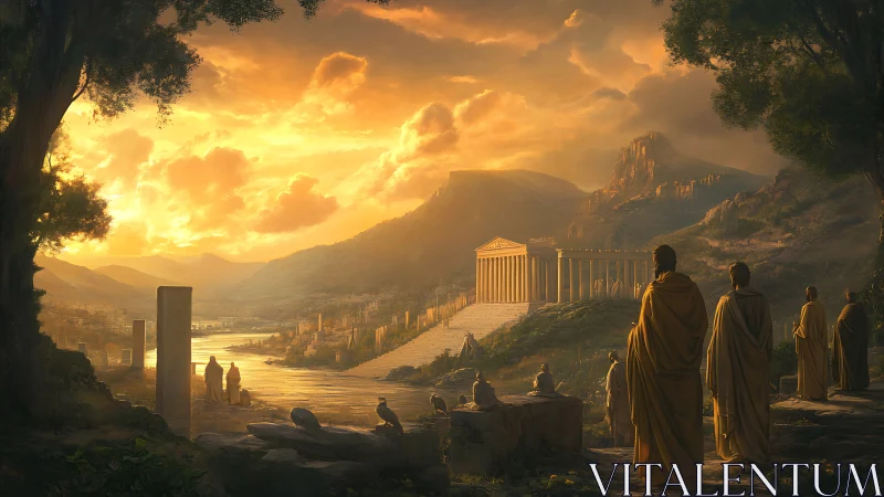 Sunlit Hellenistic acropolis with philosophers in golden robes