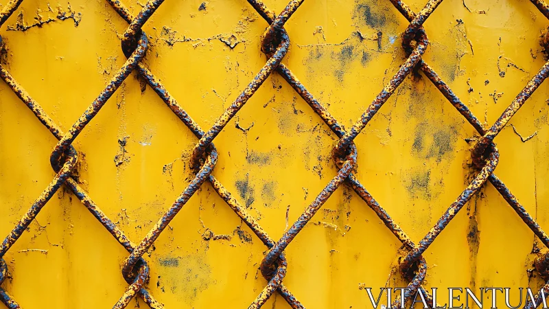 Rusty Metal Chain-Link Fence Against Yellow Wall, Urban Texture.