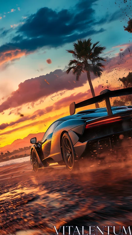 Supercar storms a coastal road under blazing sunset skies.