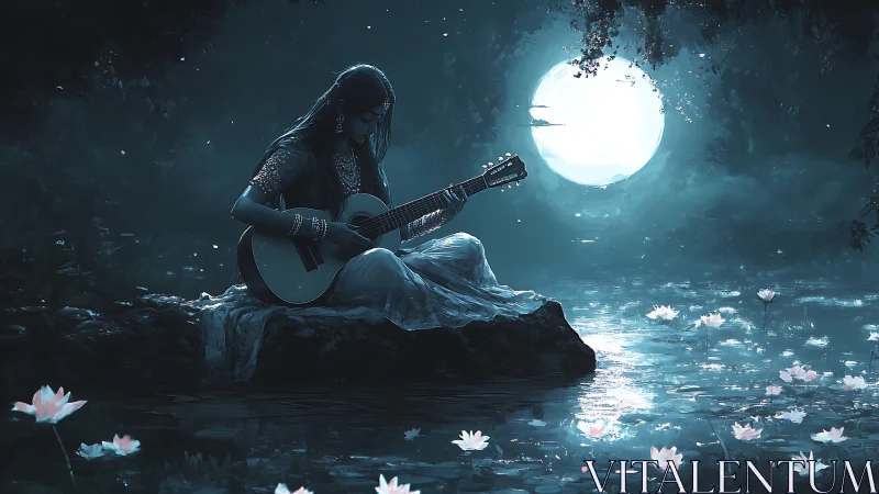 Moonlit guitarist resting by a quiet, glowing lotus pond.