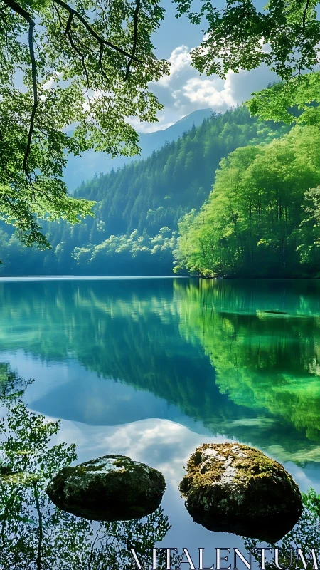 Serene forest lake mirrors emerald hills in soft morning light