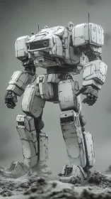 Heavily armored white combat mech amid desaturated ruins.