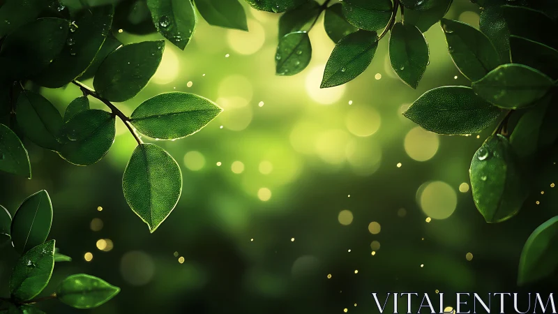 Sunlit green leaves frame glowing bokeh forest background