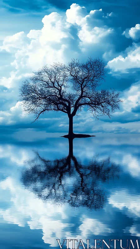 Solitary tree reflection under dramatic cumulus sky.