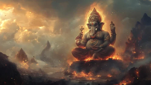 Mythic Ganesha over volcanic ruins in luminous Fantasy style.