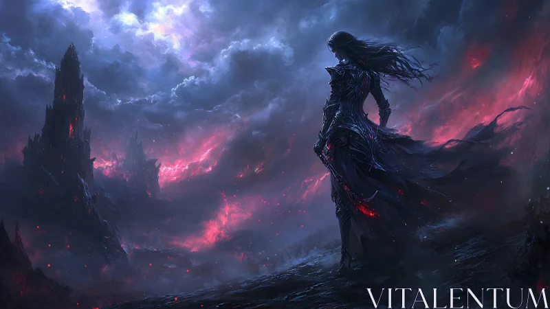Dark armored figure over burning stormscape at dusk.