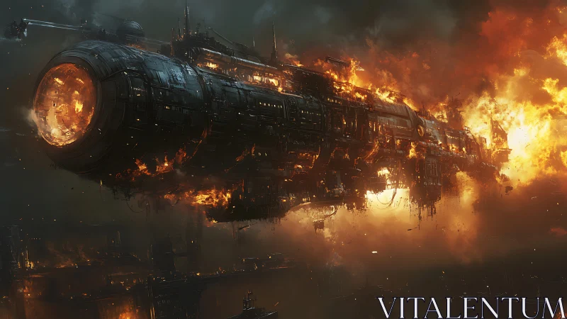 Titanic warship engulfed in apocalyptic orbital inferno.