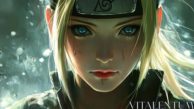 Storm-eyed kunoichi stares down fate in shattered light.