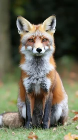 Red fox sits on grass facing camera in sharp focus