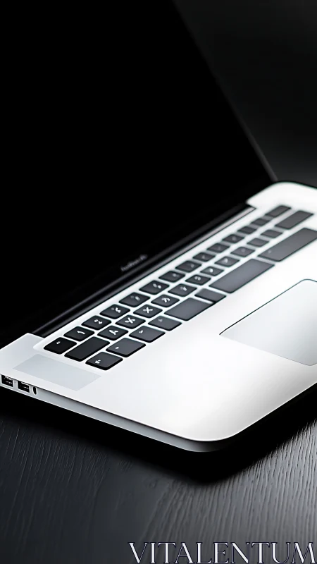 Quiet laptop corner invites focus on sleek dark desk.