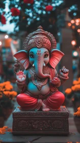 Ganesha statue glows like twilight ember amid soft bokeh