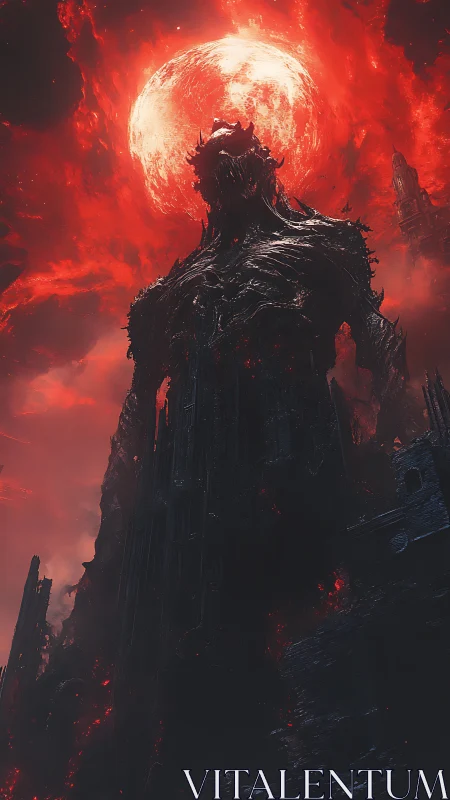Colossal molten dark figure under burning red sky.