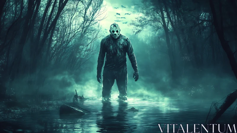 Moonlit masked stalker rises from the haunted swamp mist
