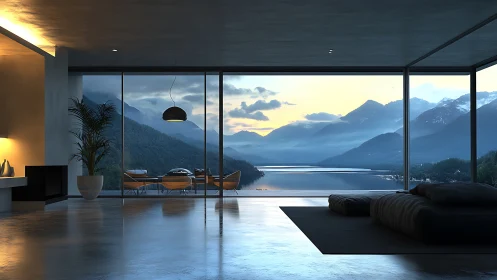 Modern glass living space overlooking calm mountain lake.