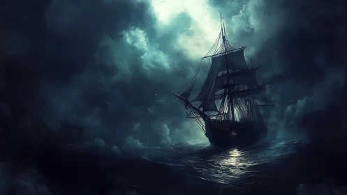 Moonlit tall ship braving stormy seas with quiet courage.