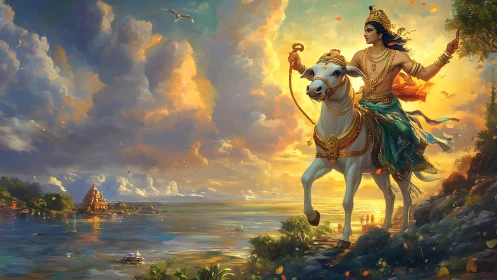 Divine rider on white bull crosses luminous coastal landscape at dusk