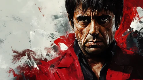 Intense painted portrait broods amid raw red brushstrokes