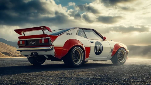 Retro rally samurai car prowls a storm-lit desert horizon.