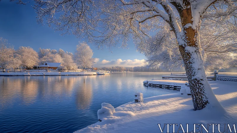 Snow-laden lakeside panorama captures golden hour reflection