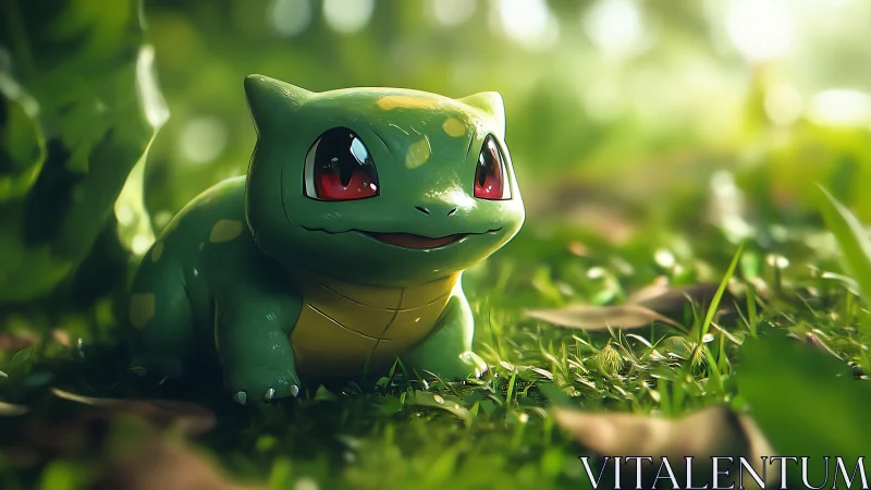 Bulbasaur rendered in sunlit forest clearing with cinematic bokeh
