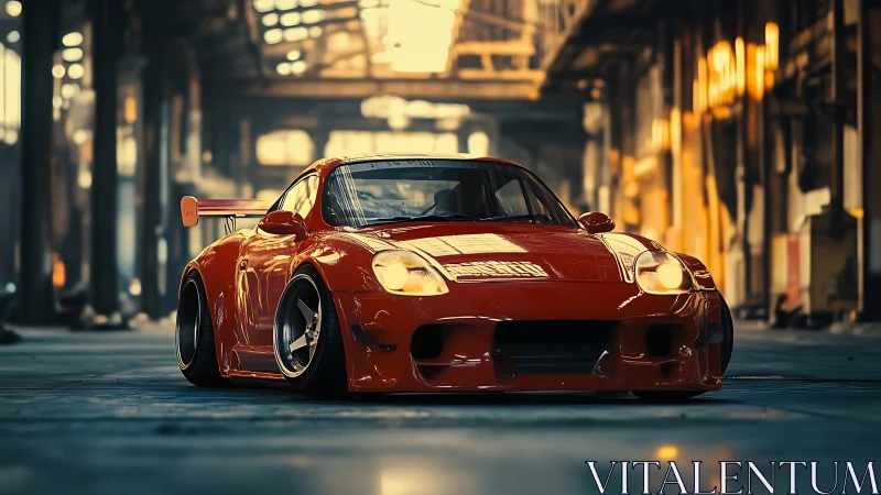 Scarlet street racer prowls through a sunlit industrial hall