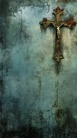 Textured crucifix on distressed teal concrete wall surface.