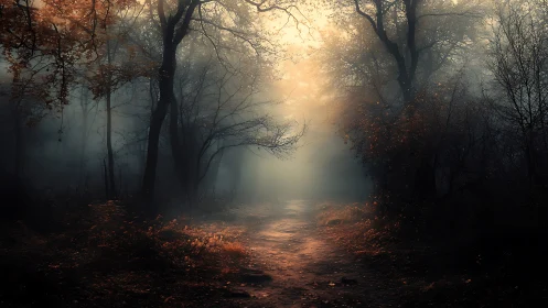 Misty Forest Path with Autumn Foliage and Natural Light.