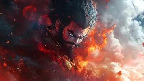 Fiery warrior descends from storm clouds in burning wrath