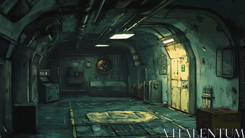 Deserted underground bunker corridor with exit door glow.