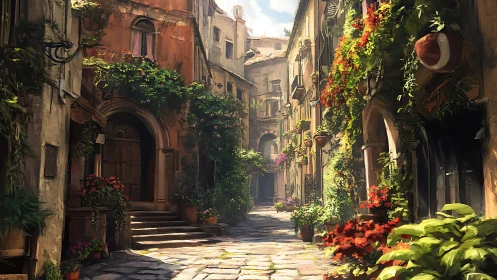 Sunlit flower lane winding through a quiet old town.