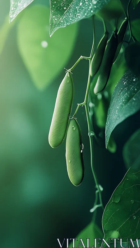 Morning dew on gentle green pea pods in quiet focus.