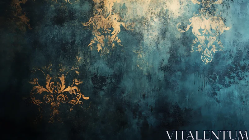 Elegant gold damask pattern on textured teal grunge background.