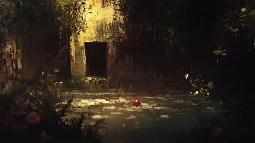 Overgrown courtyard pool with red sphere centerpiece.