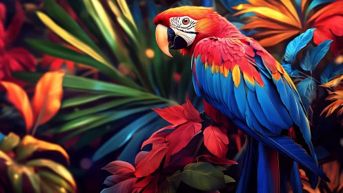 Vibrant Scarlet Macaw in Lush Tropical Jungle, Digital Art Style.