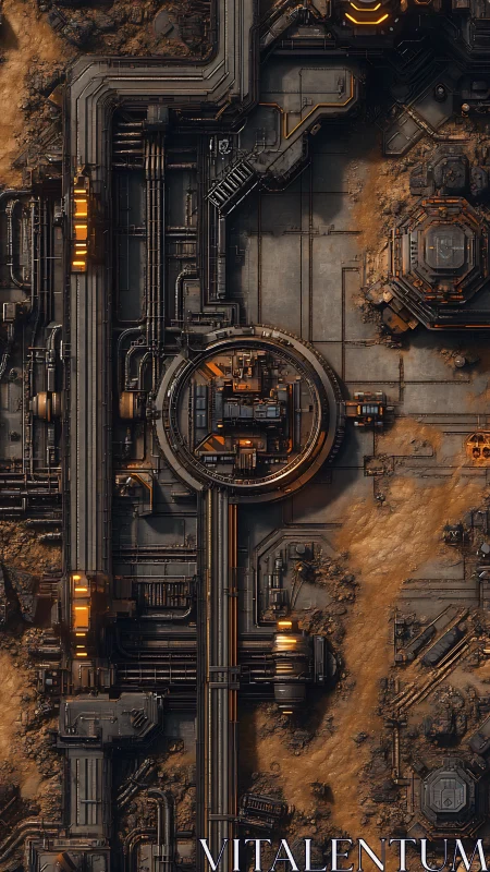 Industrial sci fi facility layout with pipes over desert terrain