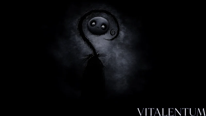 Curled shadow creature with glowing eyes in misty void.