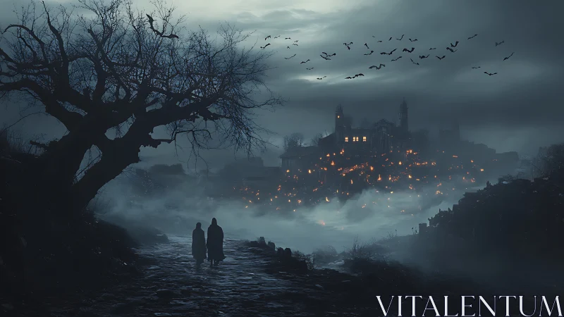 Dark gothic landscape with cloaked figures and burning town.
