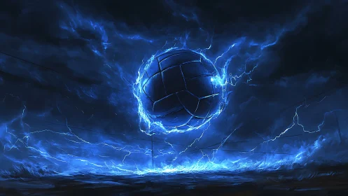 Electrified spherical object suspended in turbulent blue storm
