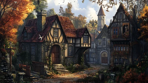 Autumn-clad fairytale village glows in warm, wandering light.