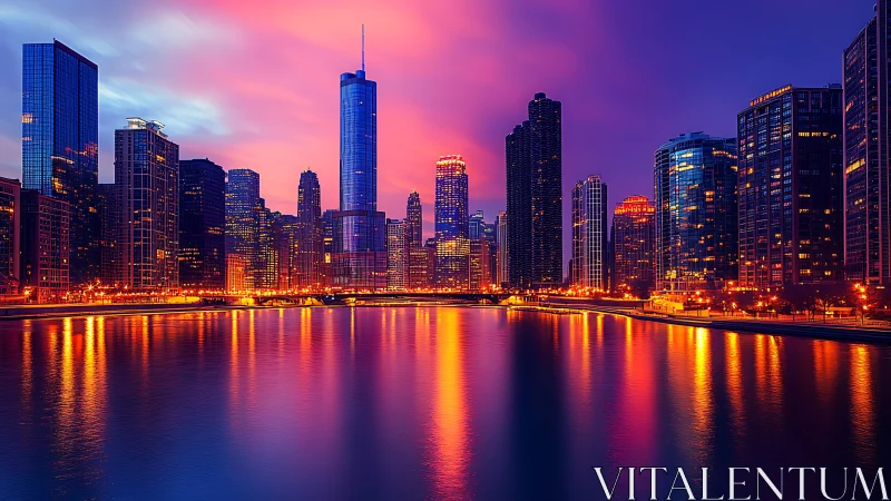 Neon-lit waterfront skyline at dusk with reflective high-rises
