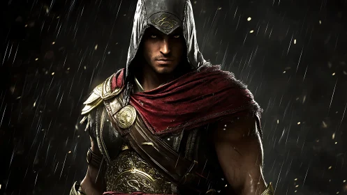Hooded warrior in ornate armor under storm rain.