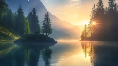 Golden sunrise bathes misty alpine lake and forested islets