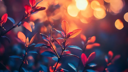Backlit shrub foliage with shallow depth and warm bokeh highlights