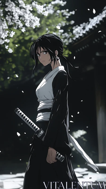 Samurai swordswoman under drifting petals in chiaroscuro courtyard.