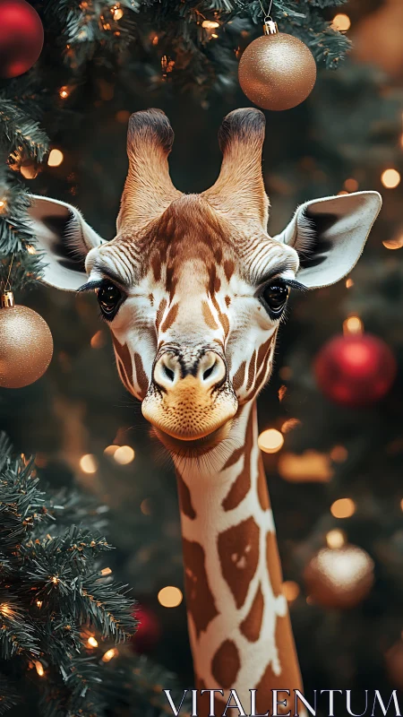 Giraffe portrait framed by decorated Christmas tree.