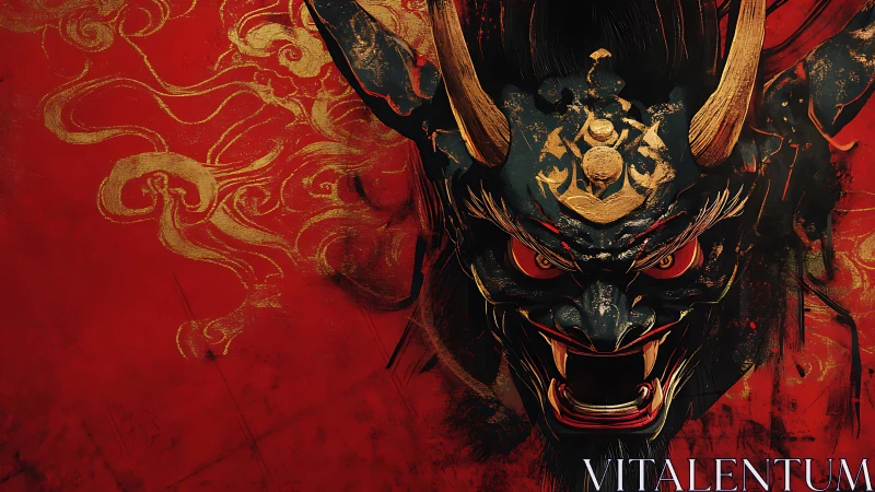 Fierce horned demon mask on intense red and gold background.